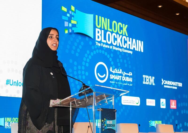 Dubai, United Arab Emirates - January 14th, 2018: Dr. Aisha Bin Bishr, director general, Smart Dubai Office at Unlock Blockchain Forum. Sunday, January 14th, 2018 at The Ritz-Carlton, DIFC, Dubai. Chris Whiteoak / The National