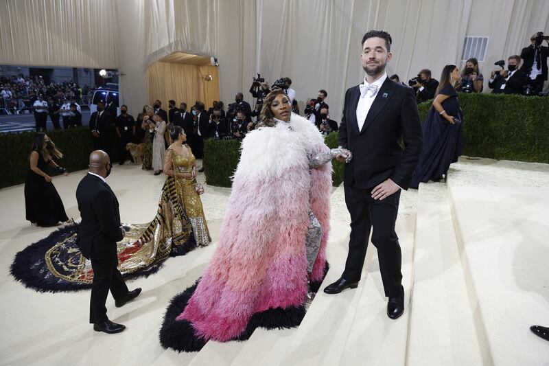 Serena Williams, wearing Gucci, and Alexis Ohanian pose at the 2021 Met Gala. EPA