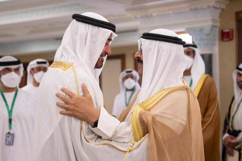 President Sheikh Mohamed greets Sheikh Mishal Al Ahmad Al Jaber Al Sabah, Crown Prince of Kuwait, during the Jeddah Security and Development Summit.