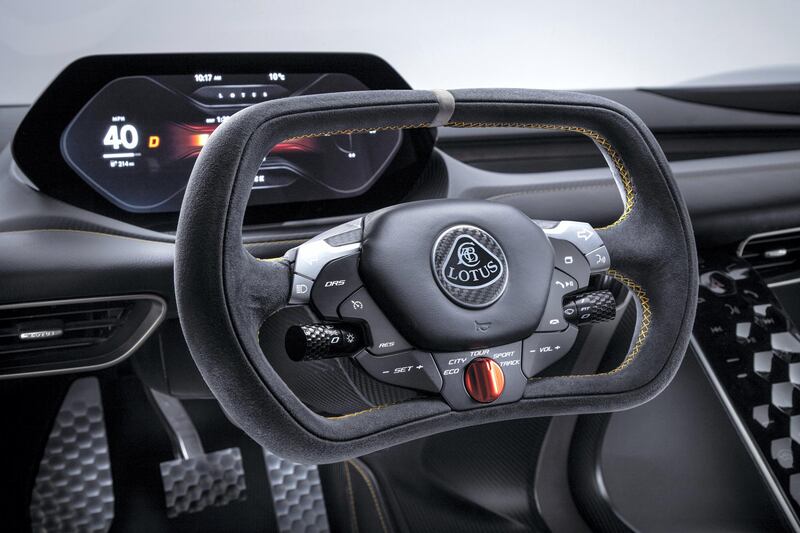 The steering wheel and main console.