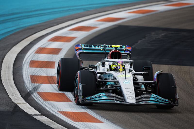 Lewis Hamilton on track during practice ahead of the Miami Grand Prix at the Miami International Autodrome. Getty
