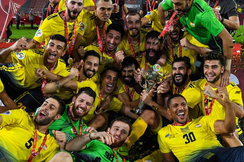 Al Ahed celebrate winning the 2019 AFC Cup Fina. AFP