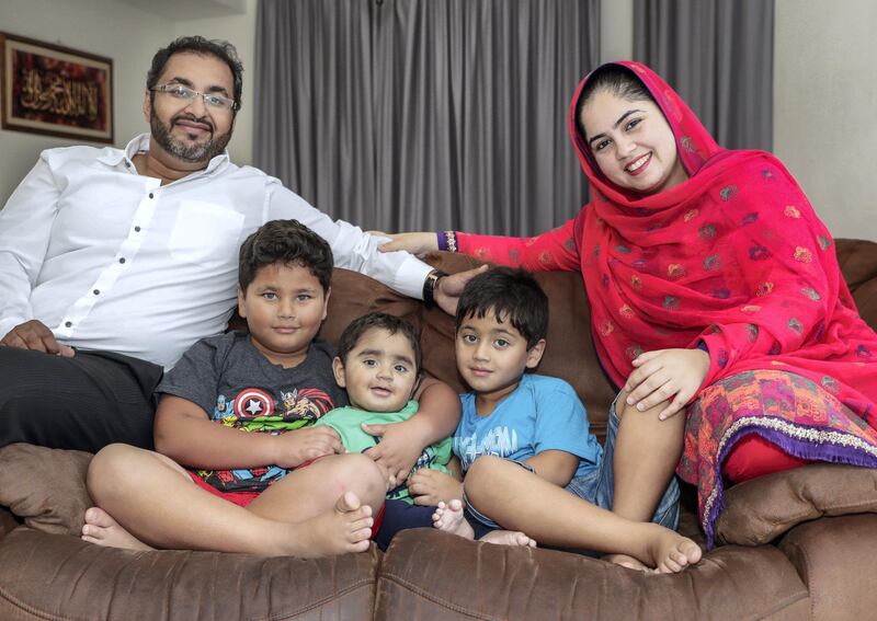 Abu Dhabi, April 11,2019.   Bone marrow transplant of two brothers.  Haider, eldest son of Uzair Peracha and Maria Uzair went through a bone marrow transplant to save his youngest brother,  Hamza.  (L-R)  Uzair, Haider, Hamza, Mustafa and Maria.
Victor Besa/The National.
Section:  NA
Reporter:  Shireena Al Nowais