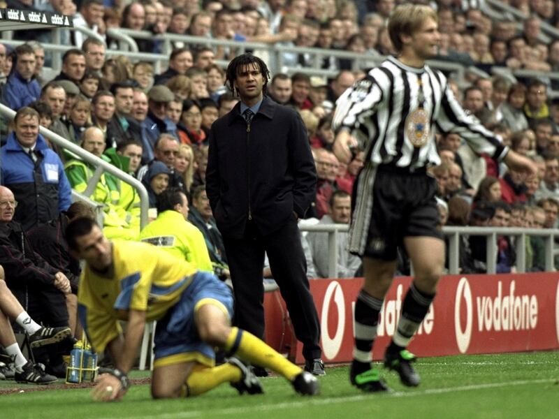 12 Sep 1998:  Ruud Gullit the new manager of Newcastle watching his players in the FA Carling Premiership match against Southampton at St James'' Park in Newcastle, England. Newcastle won the game 4-0. \ Mandatory Credit: Allsport UK /Allsport