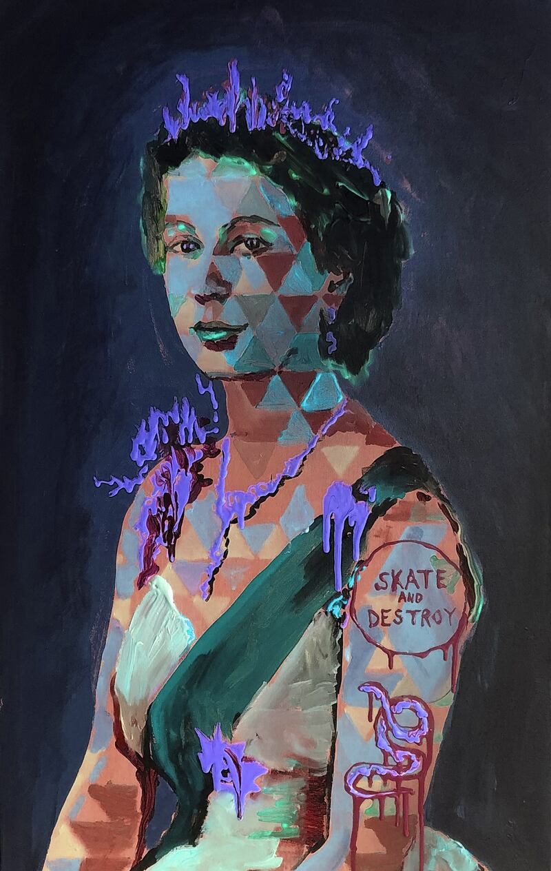A oil painting of a tattooed Queen Elizabeth by artist Will Teather. 