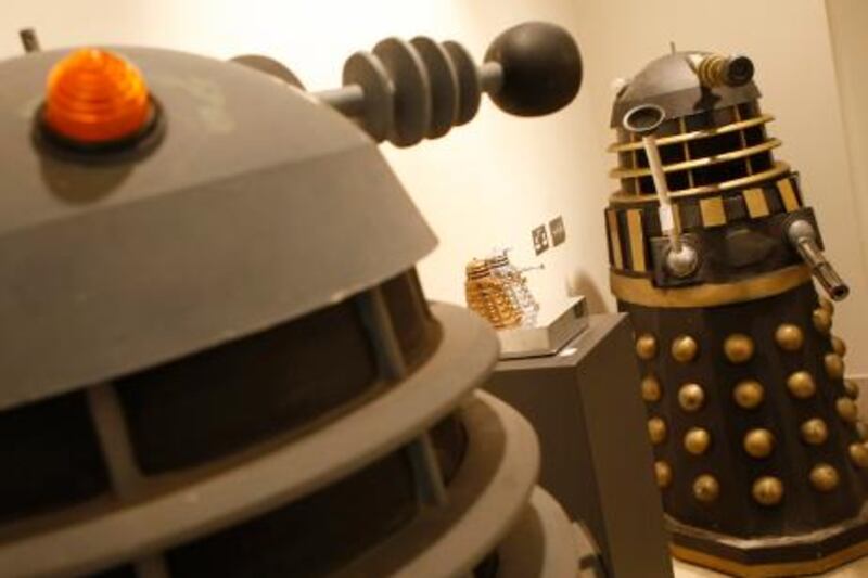 Two full size Daleks from the BBC TV series Dr Who, dating from the late 1970,s to 1988 and used in the series 'Remembrance of the Daleks' at Bonhams auction house in London, Monday, Aug. 2, 2010. The Daleks are estimated to sell for some 10-15,000 (US$ 15,700-23,000) when sold on Aug. 15. (AP Photo/Alastair Grant)