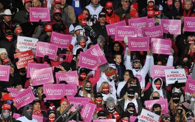 OMAHA, NE - OCTOBER 27: Supporters watch as US President Donald Trump speaks during a campaign rally on October 27, 2020 in Omaha, Nebraska. With the presidential election one week away, candidates of both parties are attempting to secure their standings in important swing states.   Steve Pope/Getty Images/AFP
== FOR NEWSPAPERS, INTERNET, TELCOS & TELEVISION USE ONLY ==
