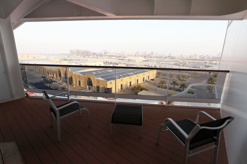 View from the balcony of a cabin on the MSC Virtuosa, overlooking Hamdan Bin Mohammed Cruise Terminal 3 in Port Rashid, Dubai