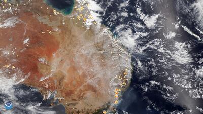 epa08092338 A handout photo made available by the National Oceanic and Atmospheric Administration (NOAA) of a satellite image showing part of mainland Australia, 26 December 2019, where historic bushfires still rage in the southeastern states and territories, especially intense around the South Australian city of Adelaide (L, bottom). Meanwhile, fires around Sydney have mostly been brought under control, but the New South Wales Rural Fire Service (NSWRFS) advised affected residents that weather conditions are forecast to deteriorate over the coming days. This image was captured by the NOAA-20 satellite's VIIRS instrument, which scans the entire Earth twice per day.  EPA/NOAA HANDOUT  HANDOUT EDITORIAL USE ONLY/NO SALES