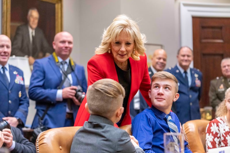 Ms Biden arrives for a roundtable discussion on education for military-connected children with National Guard families and state adjutants general in the Roosevelt Room at the White House after unveiling the Christmas decorations. AP