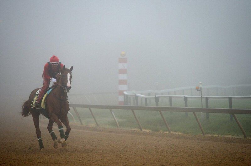 California Chrome takes a practice run on Thursday with exercise rider Willie Delgado ahead of Saturday's Preakness Stakes. Patrick Smith / Getty Images / AFP / May 15, 2014