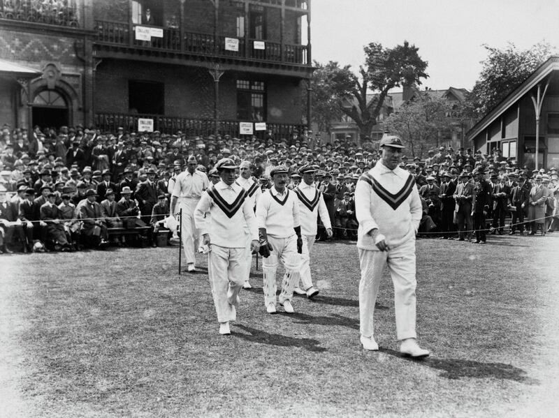 The Australian team takes the field during the first Ashes Test at Trent Bridge, Nottingham, 28th-30th May 1921. Australia won the match by 10 wickets. (Photo by Central Press/Hulton Archive/Getty Images)