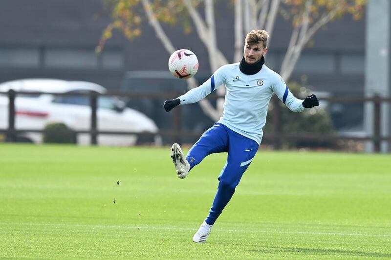 COBHAM, ENGLAND - NOVEMBER 06:  Timo Werner of Chelsea during a training session at Chelsea Training Ground on November 6, 2020 in Cobham, United Kingdom. (Photo by Darren Walsh/Chelsea FC via Getty Images)