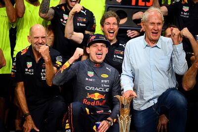 Max Verstappen and Red Bull Racing celebrate after winning the 2022 Saudi Arabia GP at the Jeddah Corniche Circuit. Getty