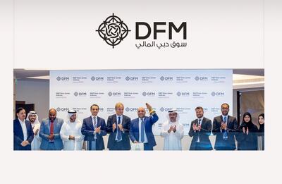 Hamed Ali, chief executive of DFM and Nasdaq Dubai, and Charbel Azzi, head of the Asia-Pacific region, the Middle East and Africa at S&P DJI, at the special bell-ringing ceremony to mark the launch of the new DFM general index. Photo: DFM