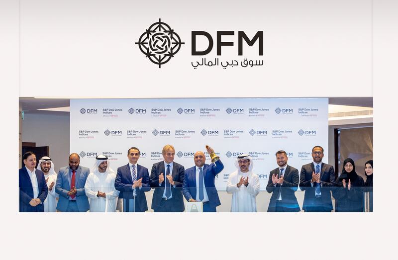 DFM chief executive Hamed Ali, S&P's Charbel Azzi and other executives at the bell-ringing ceremony to mark the launch of new DFM general index. Photo: DFM