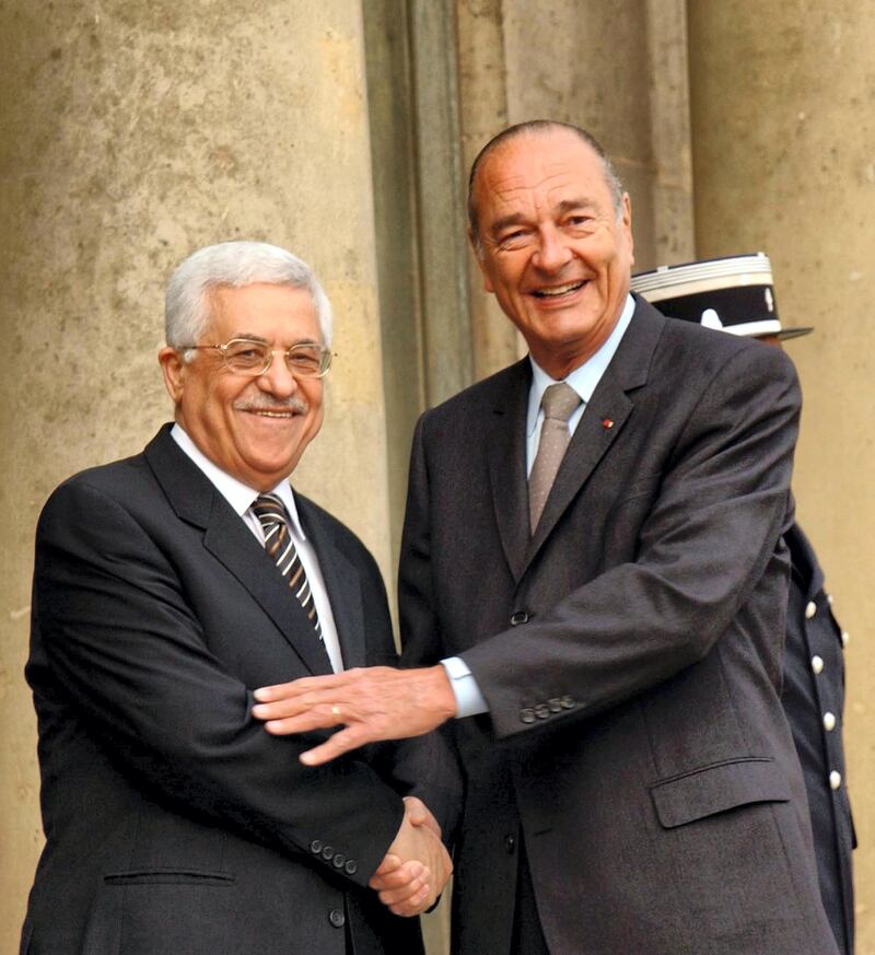 PARIS - APRIL 28:  In this handout image supplied by the Palestinian Press Office (PPO), Palestinian Leader Mahmoud Abbas (L) meets with French President Jacques Chirac at the Elysee Palace in Paris, France. The two spoke about Palestine's financial situation after loosing direct financial aid from France and other European Union nations after the Hamas election victory.  (Photo by Omar Rashidi/PPO via Getty Images)