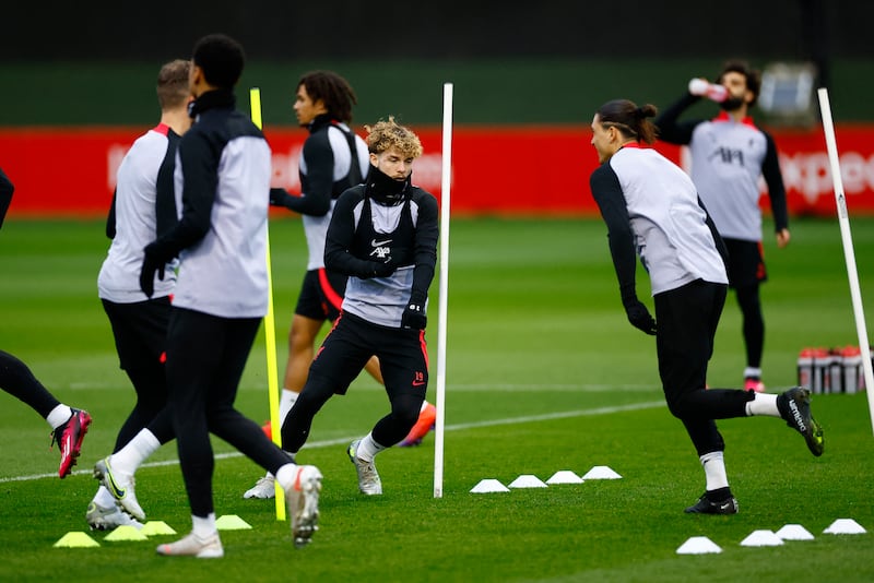 Liverpool's Harvey Elliott during training. Reuters