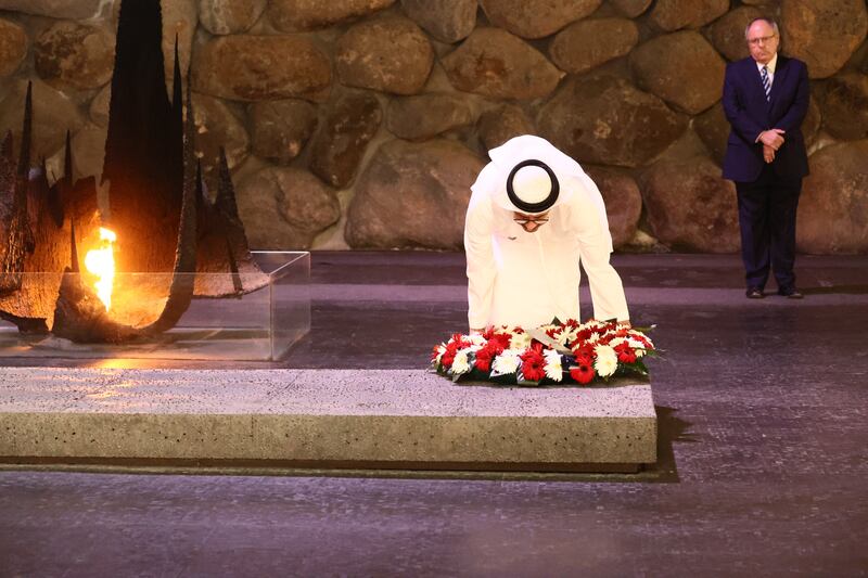 Sheikh Abdullah bin Zayed, UAE Minister of Foreign Affairs and International Co-operation, lays a wreath at the Yad Vashem World Holocaust Remembrance Centre in Jerusalem on Thursday, on his trip to mark two years since the signing of the Abraham Accords with Israel.  EPA / Yad Vashem World Holocaust Remembrance Centre