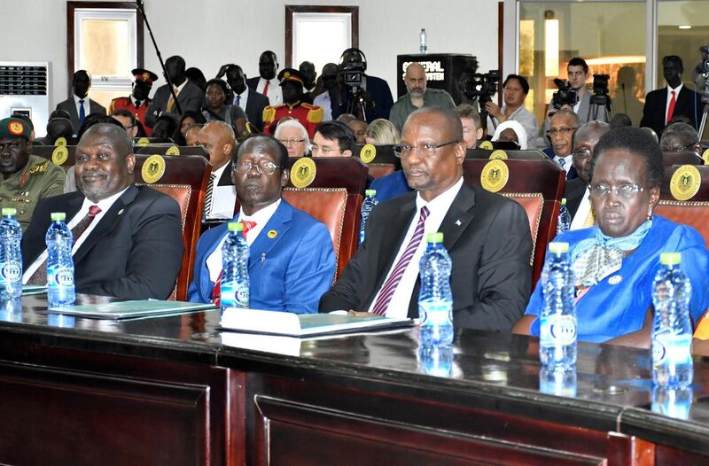 South Sudan's First Vice President Riek Machar, Second Vice President James Wani Igga, Third Vice President Taban Deng Gai and Fourth Vice President Rebecca Garang attend their swearing-in ceremony at the State House in Juba, South Sudan. Reuters