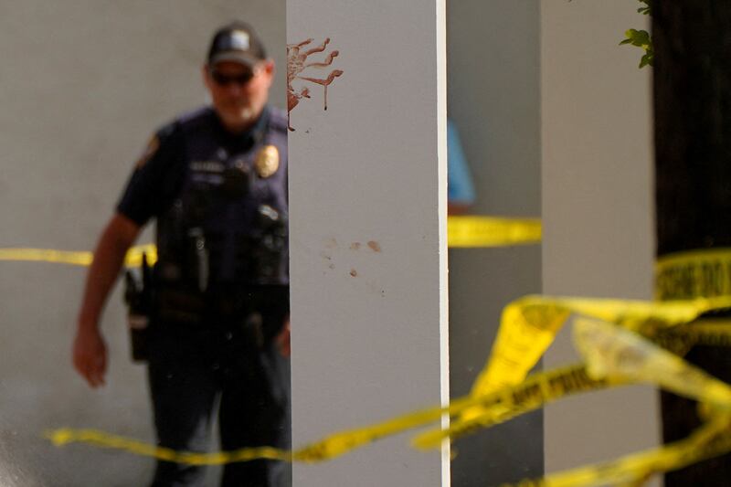 A bloody handprint marks a pillar the day after a shooting during a teenager's birthday party at MahoganyMasterpiece Dance Studio in Dadeville, Alabama, U. S.  April 16, 2023.   REUTERS / Cheney Orr     TPX IMAGES OF THE DAY