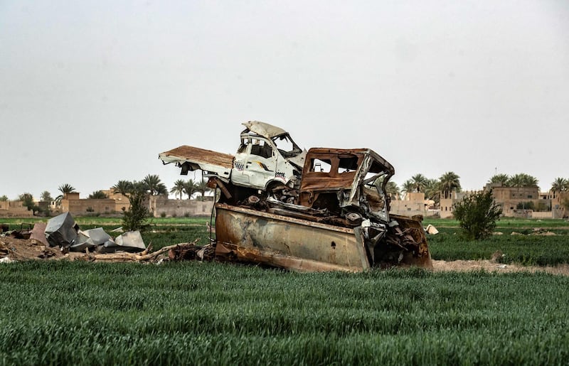 Wreckage left behind by fighting marks the defeat of ISIS in the northern Syrian village of Baghouz. AFP
