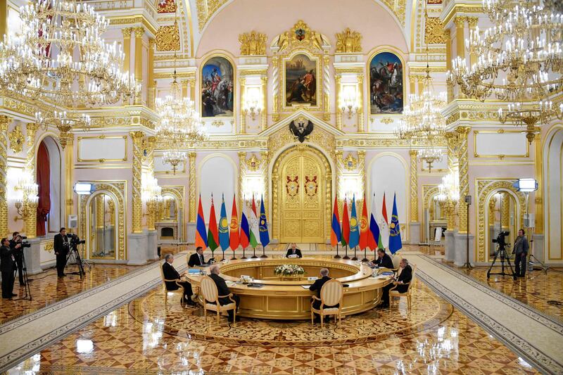 Left to right, clockwise: Kazakhstan's President Kassym-Jomart Tokayev, Kyrgyzstan's President Sadyr Japarov, Russian President Vladimir Putin, Tajikistan's President Emomali Rakhmon, Armenian Prime Minister Nikol Pashinyan, Stanislav Zas, Secretary General of the Collective Security Treaty Organisation (CSTO), and Belarus's President Alexander Lukashenko hold a meeting of CSTO leaders at the Kremlin in Moscow. AFP