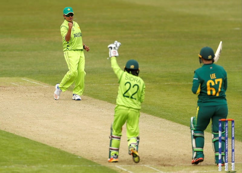 Cricket - Pakistan vs South Africa - Women's Cricket World Cup - Fischer County Ground, Leicester, Britain - June 25, 2017   Pakistan's Sana Mir celebrates her wicket LBW of South Africa's Lizelle Lee    Action Images via Reuters/Lee Smith