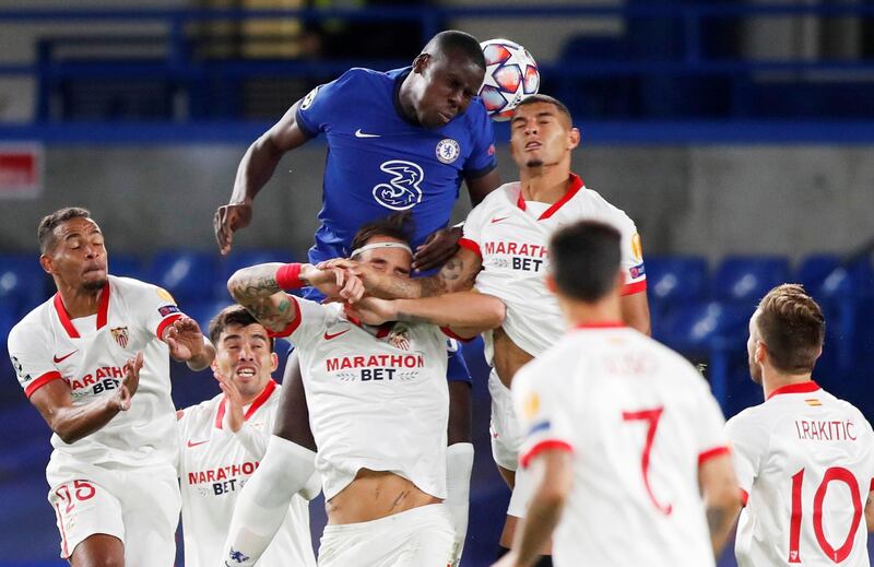 Soccer Football - Champions League - Group E - Chelsea v Sevilla - Stamford Bridge, London, Britain - October 20, 2020  Chelsea's Kurt Zouma heads at goal Pool via REUTERS/Alastair Grant     TPX IMAGES OF THE DAY