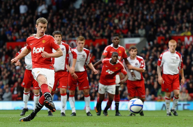 MANCHESTER, ENGLAND - MAY 23:  William Keane of Manchester United fires home the second goal from the penalty spot during the FA Youth Cup Final 2nd Leg match between Manchester United and Sheffield United at Old Trafford on May 23, 2011 in Manchester, England.  (Photo by Laurence Griffiths/Getty Images)