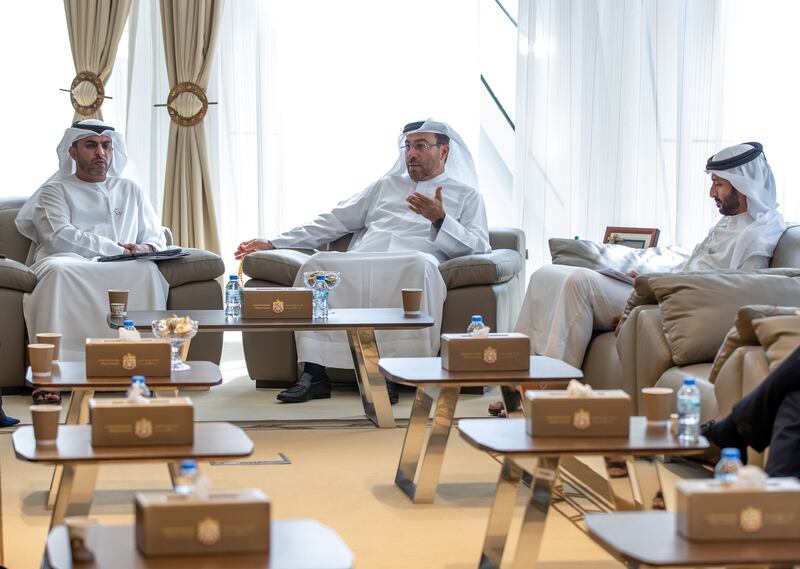 Left to right, Abdullah Al Nuaimi, Minister of Justice; Ahmed Al Sayegh, Minister of State; and Abdulla Bin Touq, Minister of Economy. All Photos: Victor Besa / The National