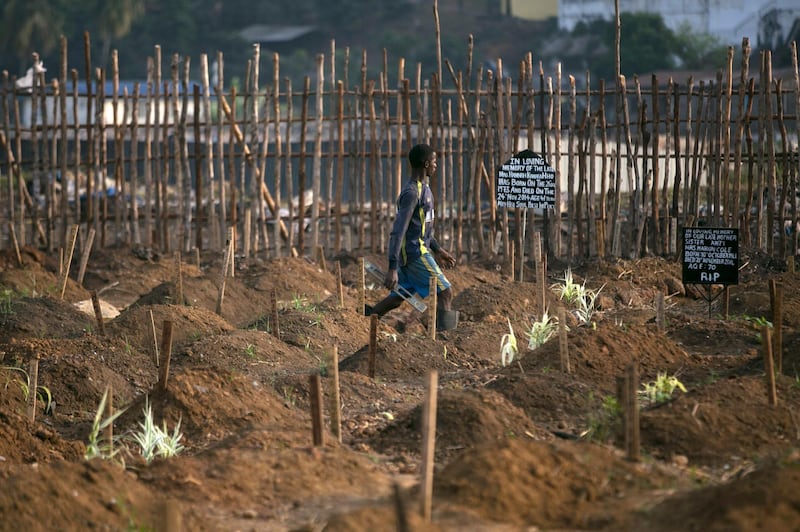 A grave digger walks past fresh graves at a cemetery in Freetown, Sierra Leone, December 20, 2014. 
REUTERS/Baz Ratner (SIERRA LEONE - Tags: SOCIETY TPX IMAGES OF THE DAY)