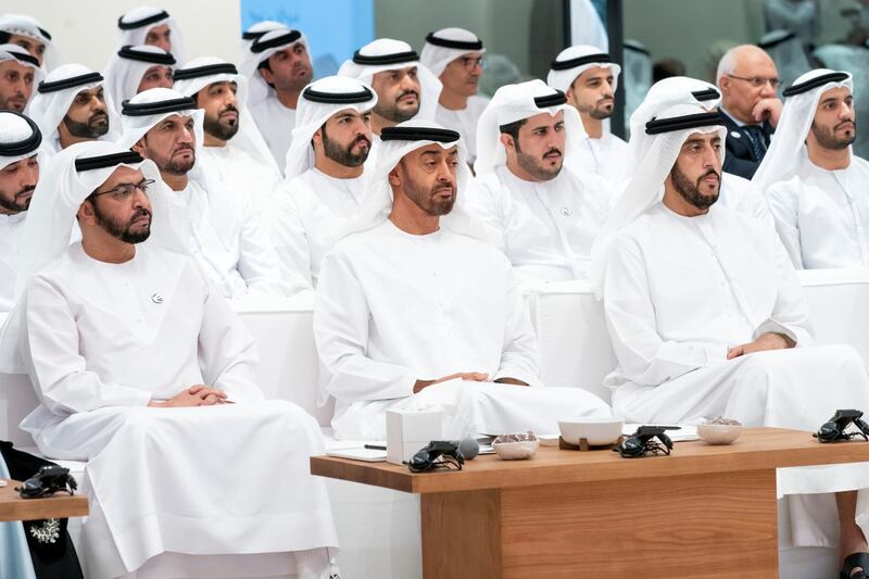 ABU DHABI, UNITED ARAB EMIRATES - May 29, 2019: (Front row L-R) HH Sheikh Hamdan bin Zayed Al Nahyan, Ruler’s Representative in Al Dhafra Region, HH Sheikh Mohamed bin Zayed Al Nahyan, Crown Prince of Abu Dhabi and Deputy Supreme Commander of the UAE Armed Forces and HH Sheikh Rashid bin Saud bin Rashid Al Mu'alla, Crown Prince of Umm Al Quwain, attend a lecture by Dr Pavan Sukhdev (Not shown), titled: ”Redefining wealth for an economy of performance", at Majlis Mohamed bin Zayed. 

( Eissa Al Hammadi for the Ministry of Presidential Affairs )
---