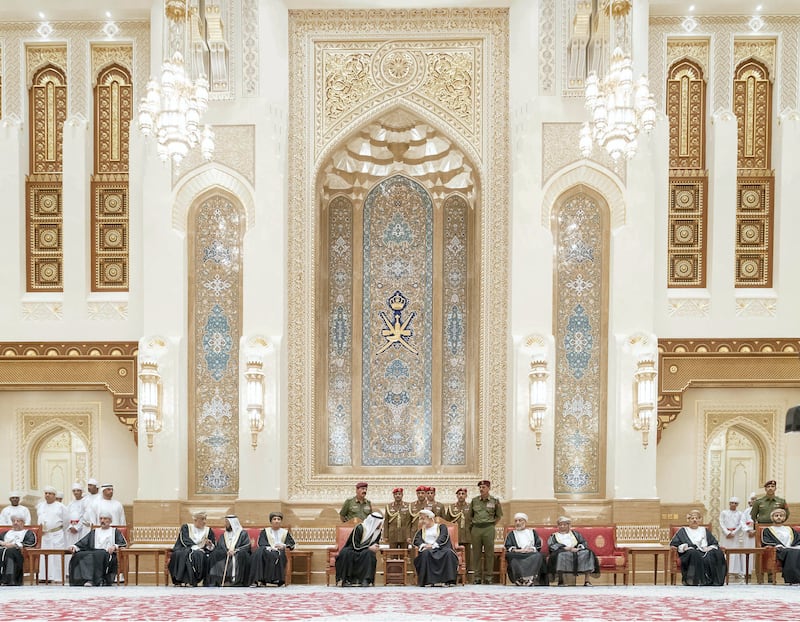MUSCAT, OMAN - January 12, 2020: HH Sheikh Mohamed bin Zayed Al Nahyan, Crown Prince of Abu Dhabi and Deputy Supreme Commander of the UAE Armed Forces (6th L), offers condolences to HM Sayyid Haitham Bin Tariq Al Said, Sultan of Oman (7th L), on the passing of HM Qaboos bin Saeed, Sultan of Oman, at Al Alam Palace. Seen with HH Sheikh Tahnoon bin Mohamed Al Nahyan, Ruler's Representative in Al Ain Region (4th L) and HE Sayyid Fahd bin Mahmoud Al Said, Deputy Prime Minster of the Sultanate of Oman (5th L).( Rashed Al Mansoori / Ministry of Presidential Affairs )---