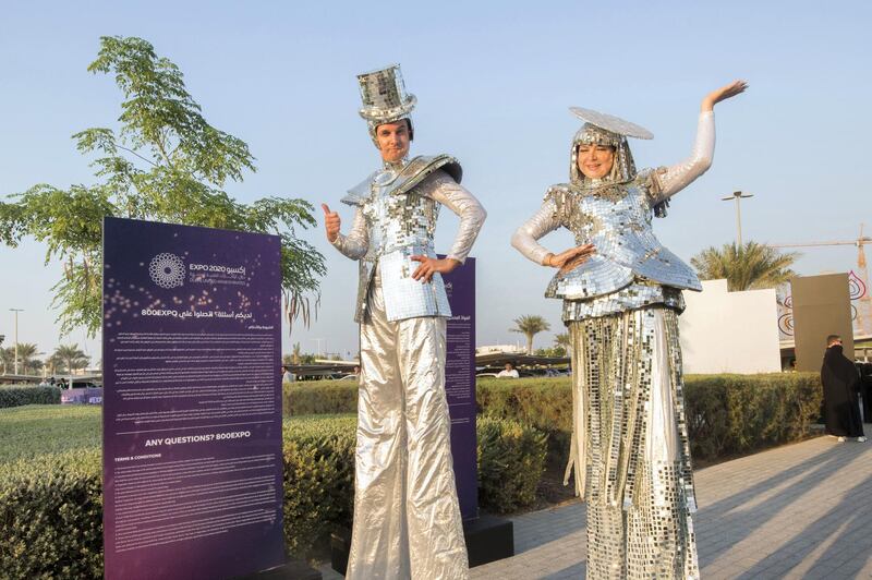 Abu Dhabi, United Arab Emirates- Performers welcoming the visitors at the Expo 2020 countdown at The Louvre, Saadiyat.  Leslie Pableo for The National