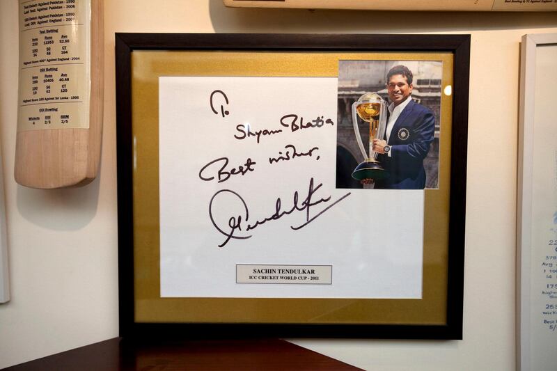 Dubai, United Arab Emirates, November 19, 2012:     Favourite things: signed photo of Indian cricket legend Sachin Tendulkar. 

Shyam Bhatia has made a museum out of his cricket collection at his home in the Jumeirah area in Dubai on November 19, 2012. Christopher Pike / The National