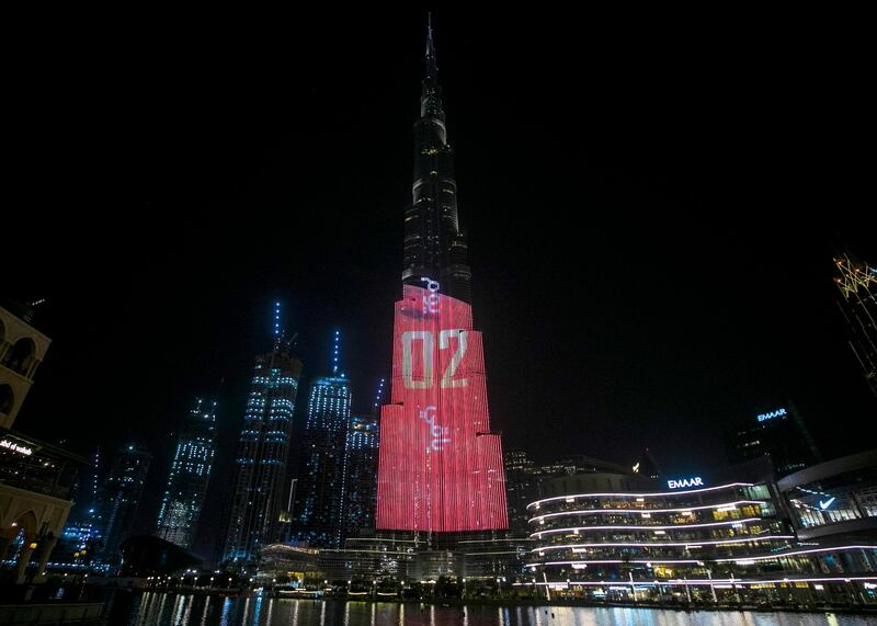 Burj Khalifa lit up as the UAE prepares to launch its Hope spacecraft. Reem Falaknaz / The National