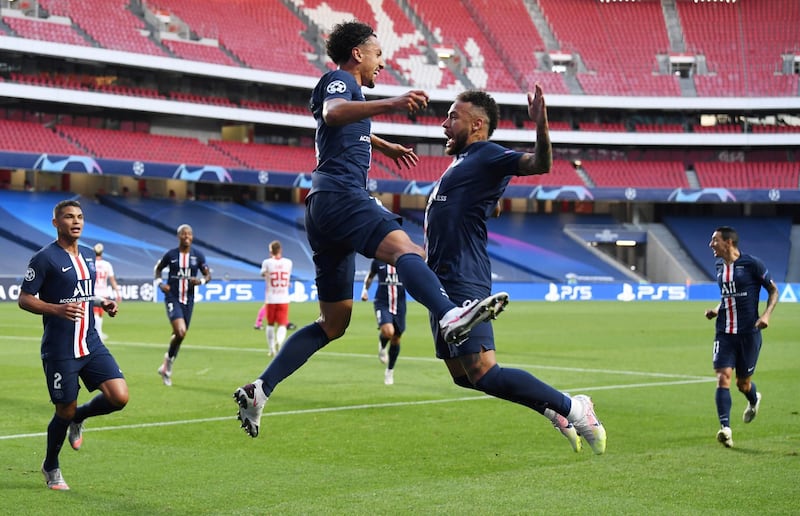 Marquinhos celebrates scoring PSG's first goal with Neymar,. Reuters