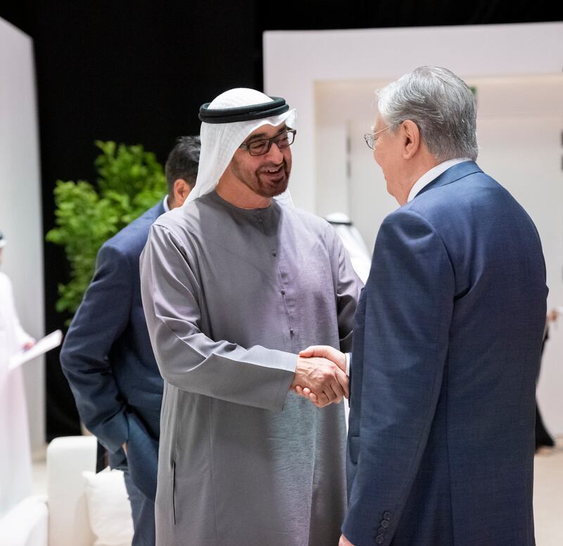 President Sheikh Mohamed greets Kassym-Jomart Tokayev, President of Kazakhstan. Photo: Presidential Court