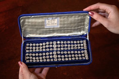 Three rows of 112 old cut diamonds will be offered for sale for the first time. AFP