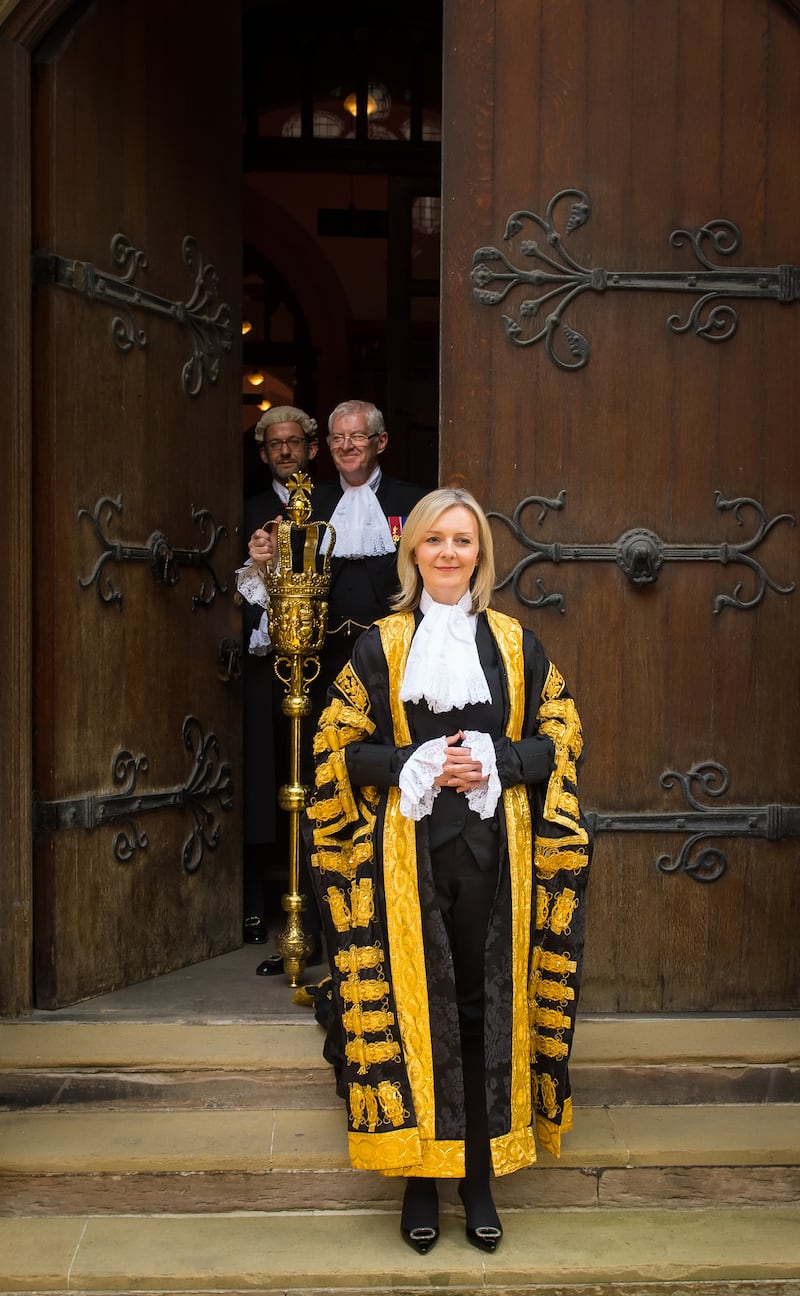 Ms Truss as she became the first woman ever to hold the role of Lord Chancellor, arriving at the Royal Courts of Justice before being installed in July 2016.  PA
