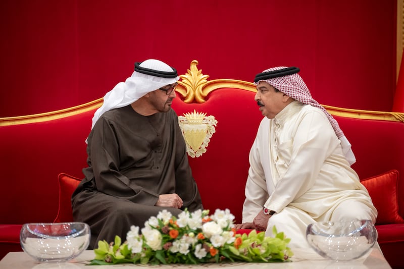 Sheikh Mohamed with King Hamad at Sakhir Airbase. Hamad Al Kaabi / UAE Presidential Court 
