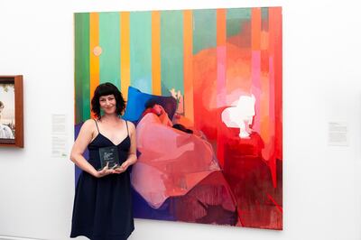 Second prize winner Felicia Forte with her portrait- Time Traveller, Matthew Napping. Jorge Herrera