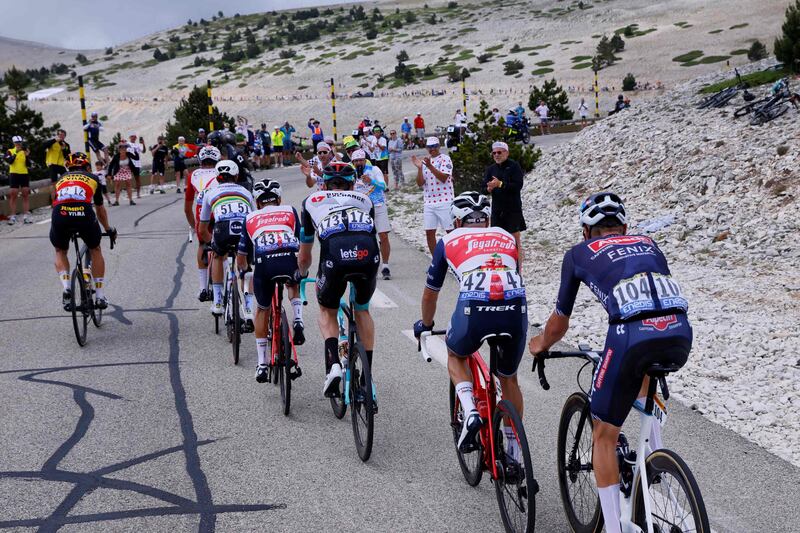 Breakaway riders climb Mont Ventoux during Stage 11.