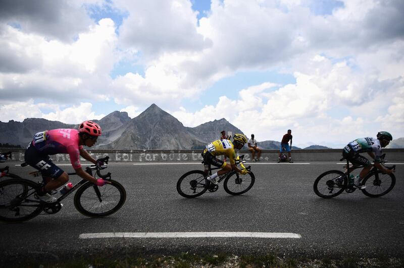 French rider Julian Alaphilippe, centre, during the 18th stage on July 25, 2019.  AFP