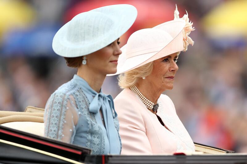 Catherine, Duchess of Cambridge and Camilla, Duchess of Cornwall, arrive on Day 1 of Royal Ascot. Getty Images