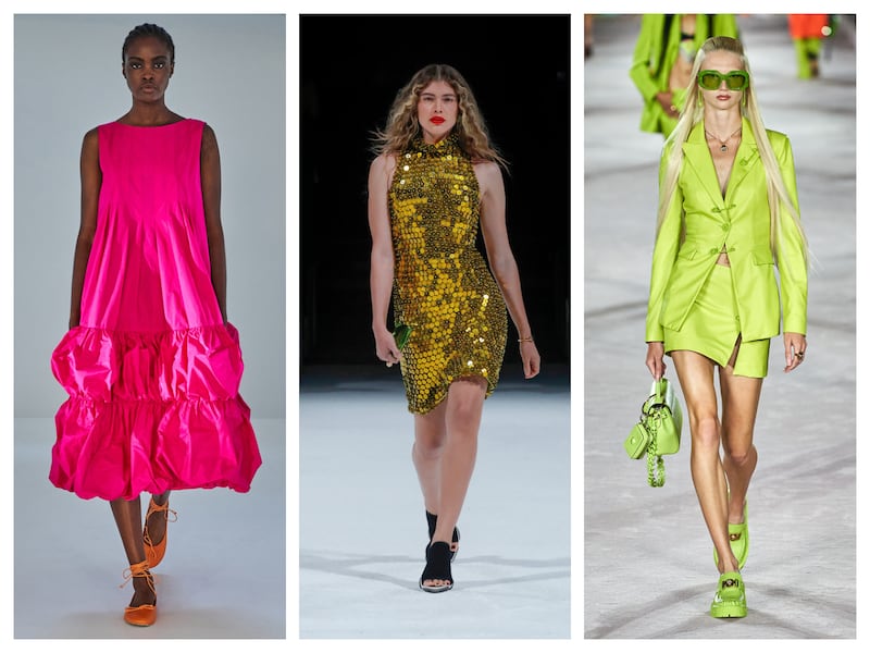 From left, colours at Molly Goddard; sequins at Bottega Veneta; and a matching set at Versace.