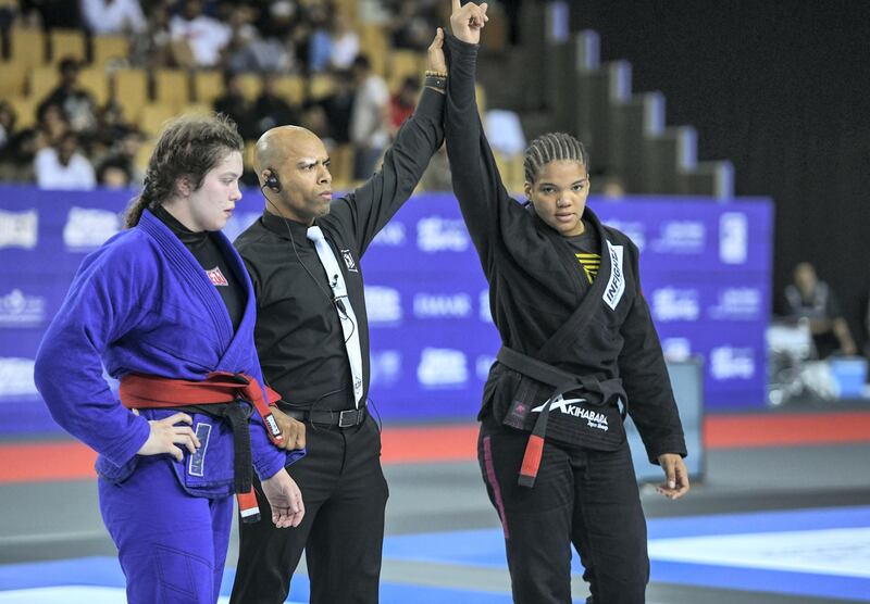 Abu Dhabi, United Arab Emirates - Gabrieli Pessanha from Brazil, defeats Kendall Reusing from USA at the Abu Dhabi Grand Slam championship in Jiu-Jitsu taking place in the Mubadala Arena. Khushnum Bhandari for The National