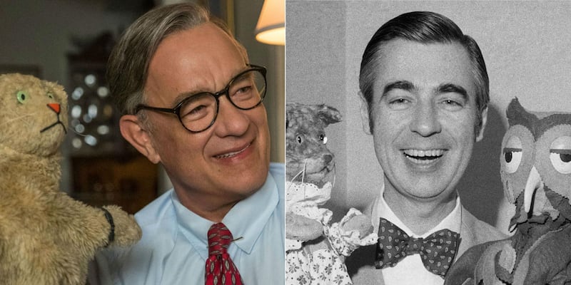 Tom Hanks, left, plays Fred Rogers, right, in 'A Beautiful Day in the Neighborhood'. Getty; Lacey Terrell