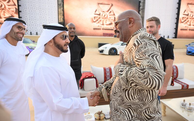 Sheikh Hamdan bin Zayed greets Harvey in Liwa